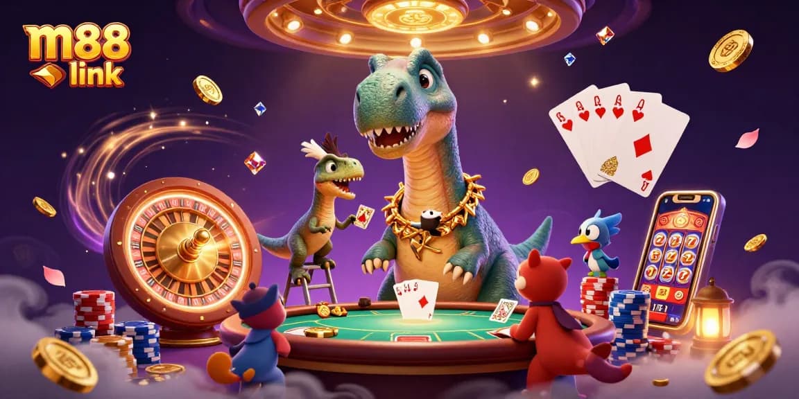 Experience m88 link with vibrant 3D casino illustration showcasing thrilling gaming elements and characters.