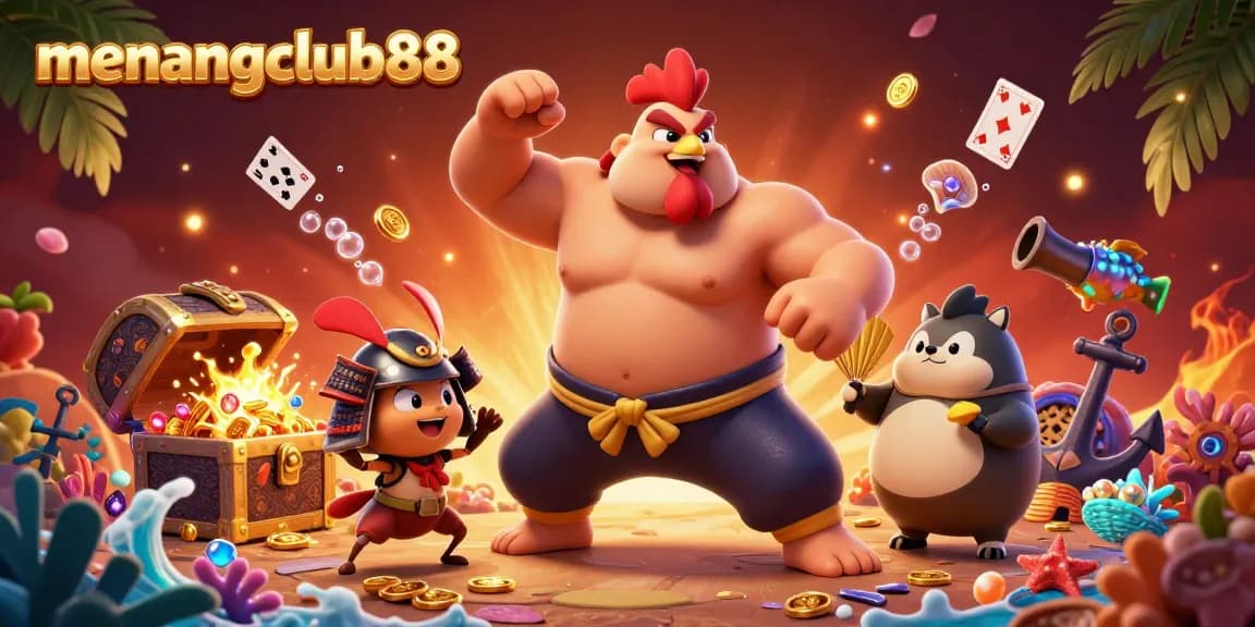 Engage with menangclub88's vibrant casino game world featuring a sumo wrestler and samurai cricket.