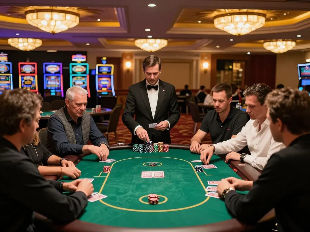 Players strategizing at poker tables in an upscale casino atmosphere highlighting 789 gaming experiences.