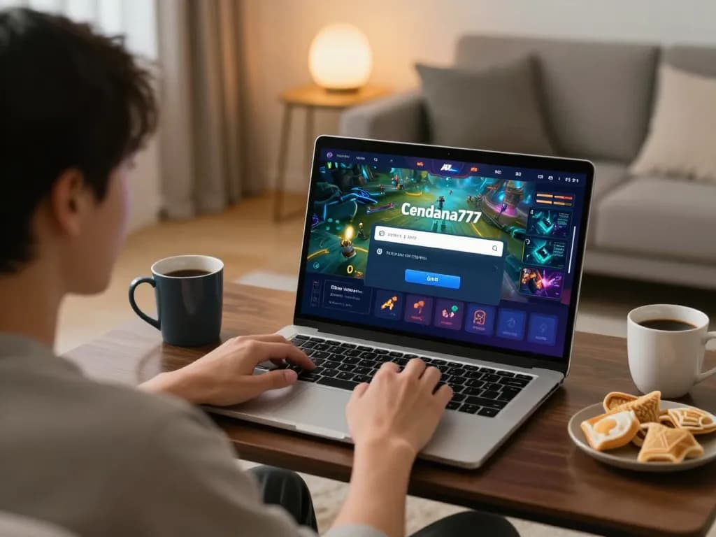 Cendana777 login screen showcasing engaging online gaming experience on a laptop in cozy living room setting