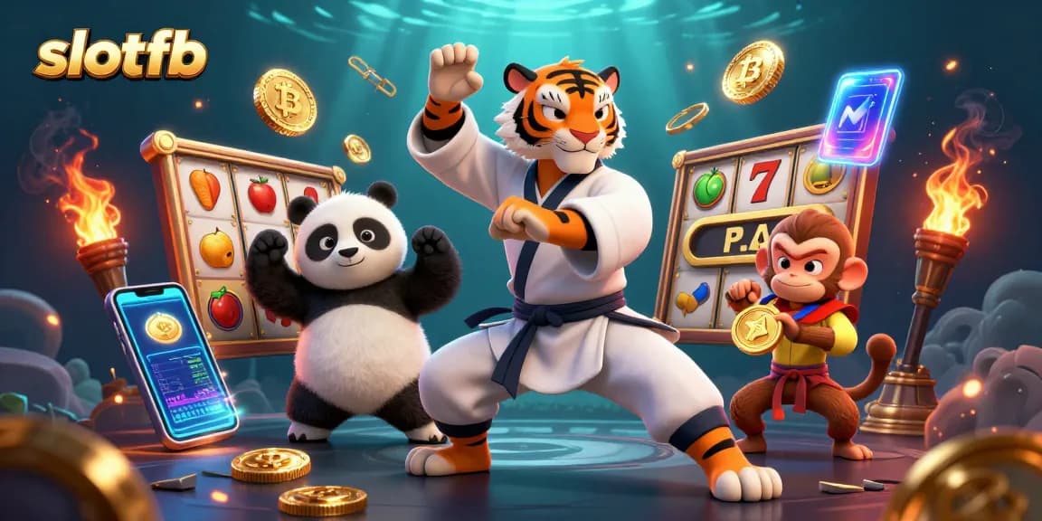 Slotfb menghadirkan suasana kemenangan di kasino dengan karakter kartun yang menarik dan simbol jackpot yang cerah.