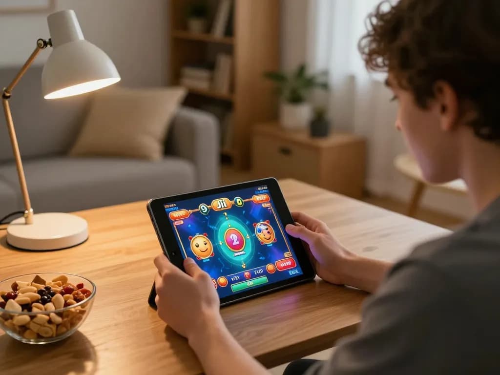 Engaging player enjoying Jili games on a tablet in cozy home setting with vibrant atmosphere.