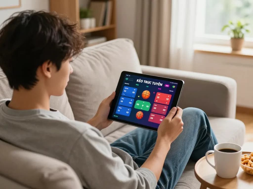 KÈO TRỰC TUYẾN sports betting scene with a tablet showing live basketball odds in a cozy home setting.