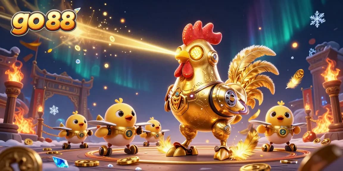 Experience go 88 excitement with vibrant casino action featuring a golden rooster robot and chick drones.