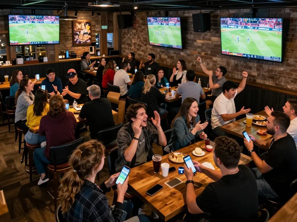 Betting enthusiast checking Bsport app in a lively sports bar during an intense game