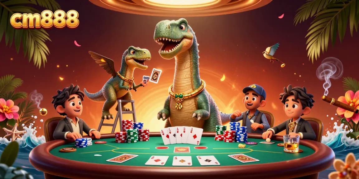 Experience the excitement of cm888 as a cartoon brontosaurus oversees a vibrant poker game.