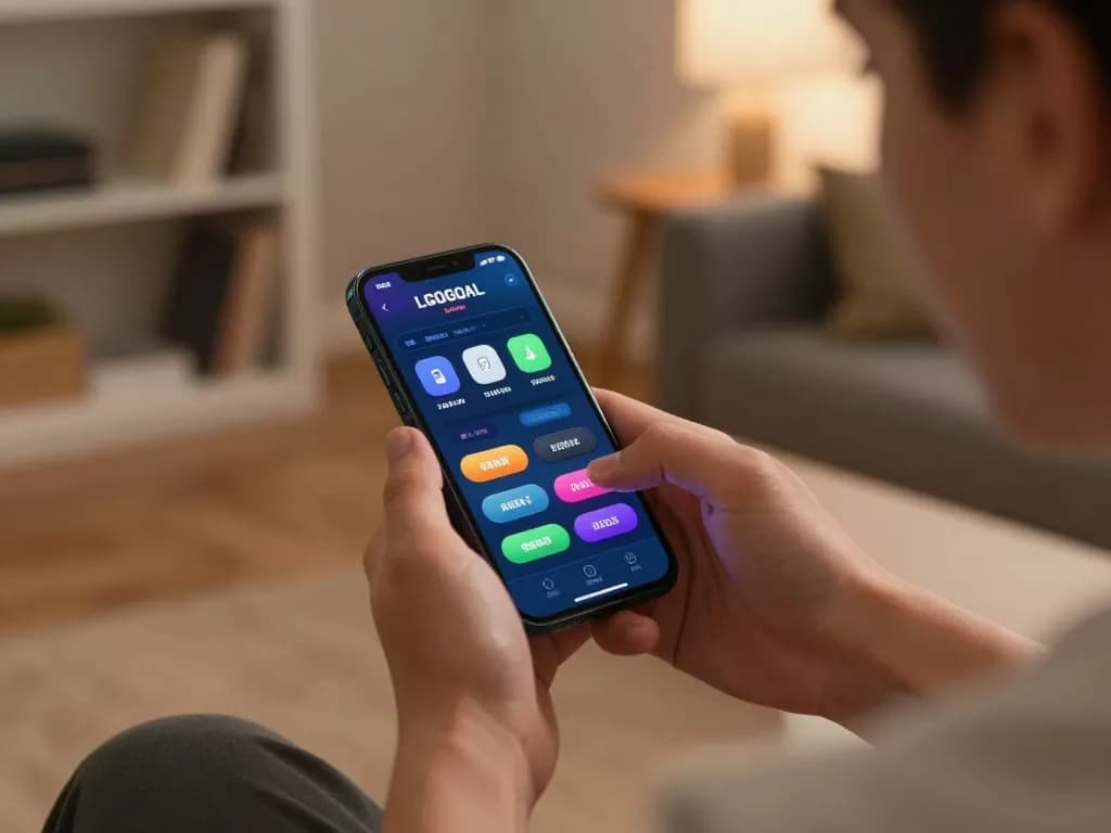 Player engaging with LGOGOAL app while analyzing betting options in a cozy home setup