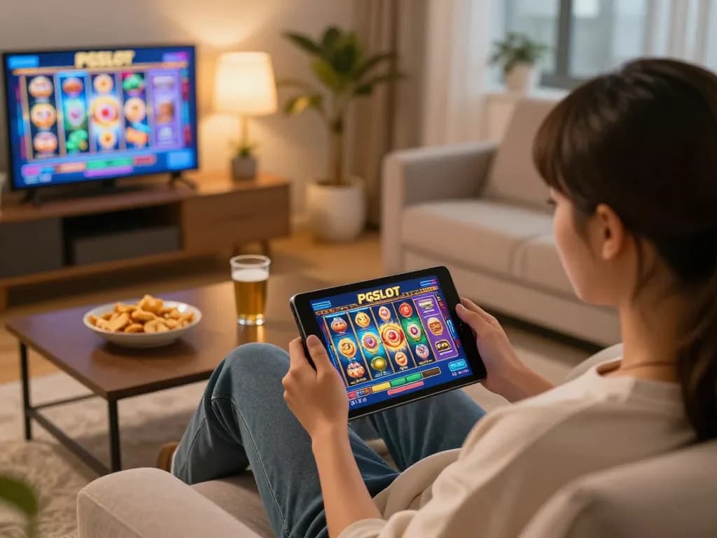 Engaged player enjoying PGSLOT on a tablet in a cozy home gaming environment.