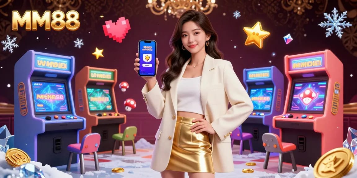 Engage in thrilling sports betting at MM88, featuring an Asian woman using a mobile app next to dynamic game elements.