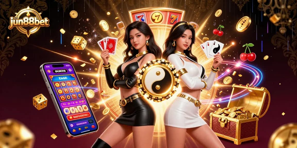 Experience the thrill of jun88bet with captivating twin Asian women showcasing powerful poker skills and vibrant casino elements.