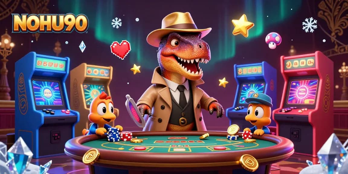 Engage with NOHU90 by discovering a dynamic casino scene featuring a stealthy velociraptor card counter.