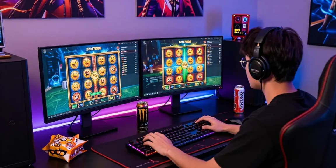 Engaging gaming workspace with Slot7000 platform displayed on monitors, vibrant graphics.