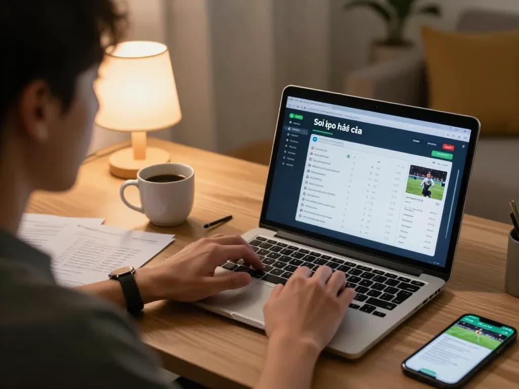 Soi kèo nhà cái displayed on laptop screen as a player engages in online sports betting from home.