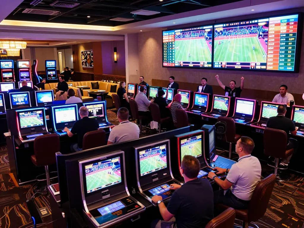 Betting excitement at 7m sports wagering area in a modern casino with screens and engaged customers.
