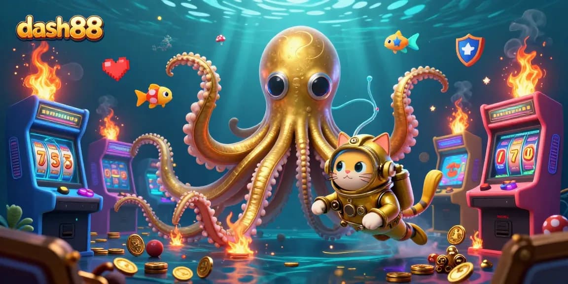 Join the fun with dash88, featuring a kraken, diving cat, and arcade games in this vibrant casino scene.