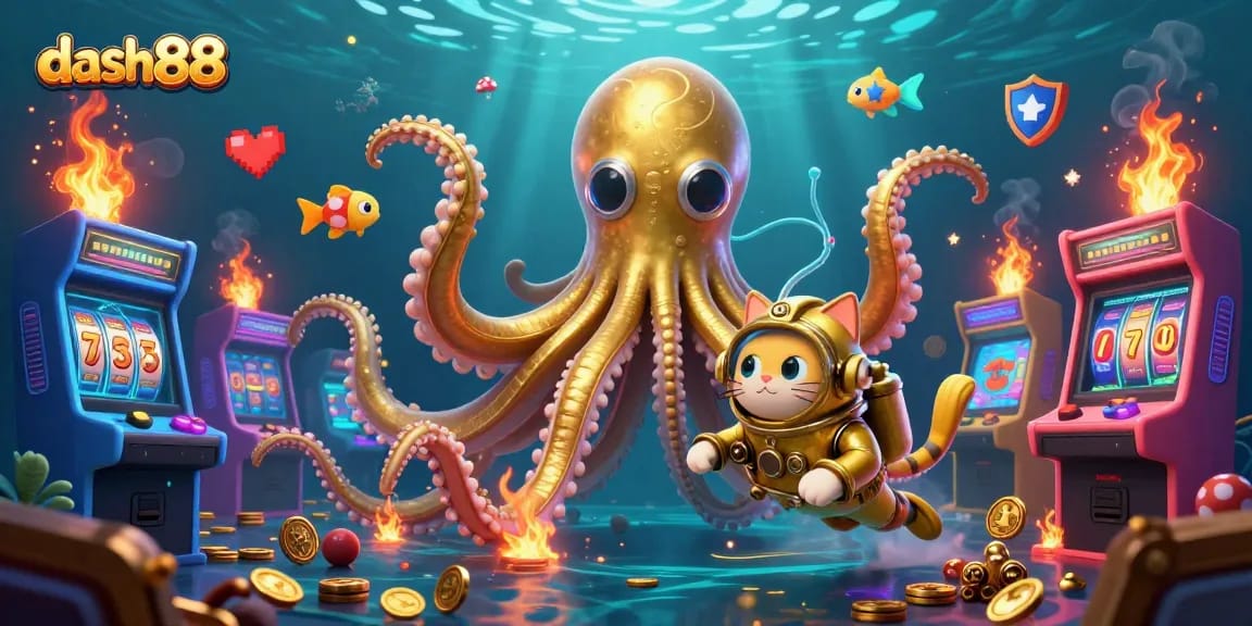 Join the fun with dash88, featuring a kraken, diving cat, and arcade games in this vibrant casino scene.