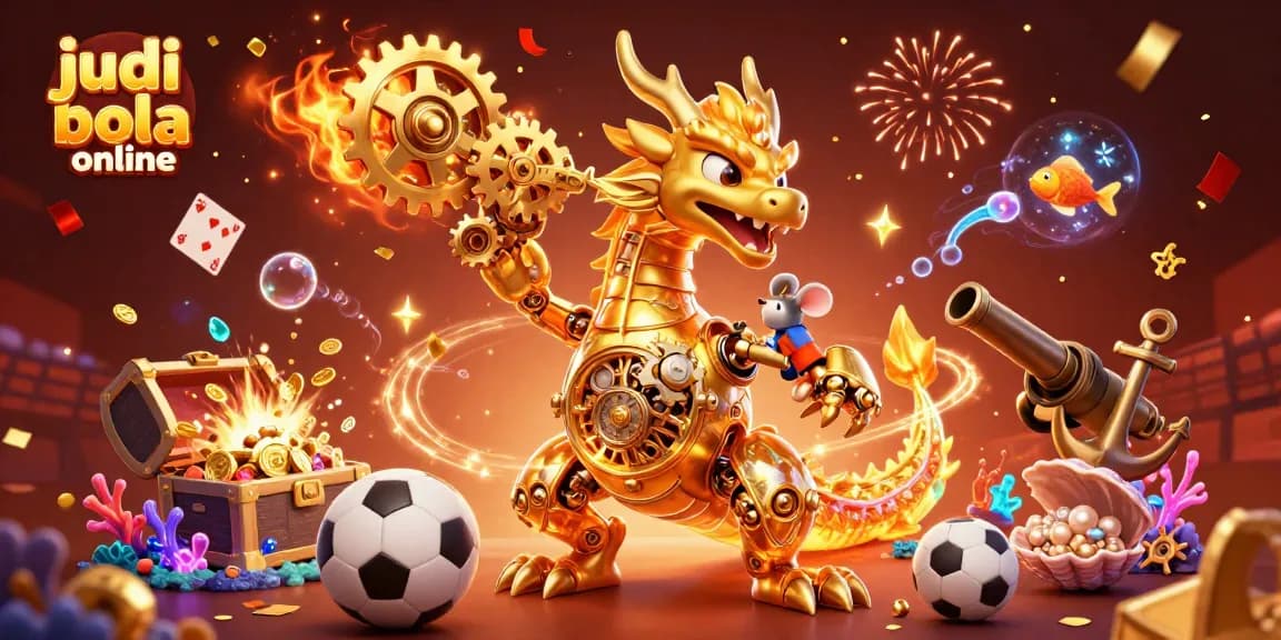 Experience thrilling judi bola online action with a dynamic 3D illustration of a dragon amidst gambling elements.