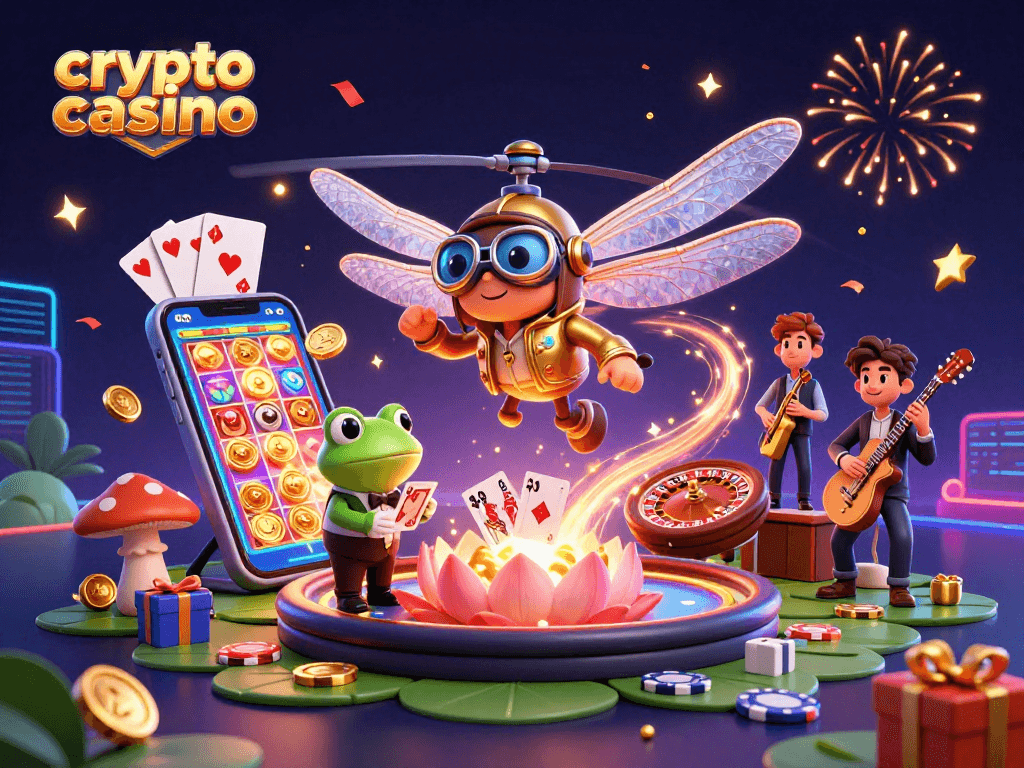 Engage in the vibrant crypto casino scene with a dragonfly pilot above a lily pad, while a frog croupier deals cards.