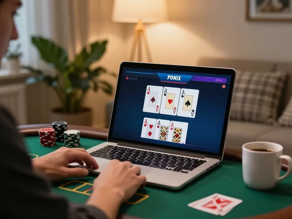 Engaging online gaming experience at megaplus88 with a player showcasing winning poker hand at home.