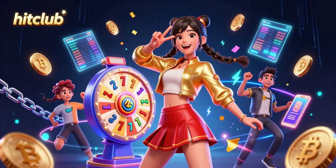 Hitclub's vibrant slots experience with a joyful Asian woman, jackpot themes, and digital currencies.
