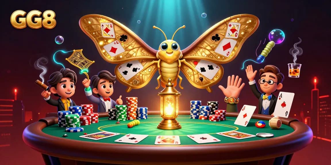 Experience the excitement of GG8 with a vibrant casino illustration featuring poker elements.