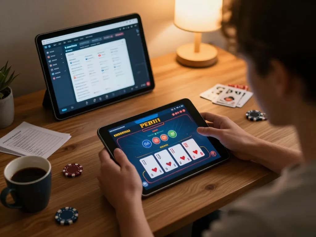 Play PERI11 online games with engaging gameplay on tablet, showcasing responsible gaming in home setup
