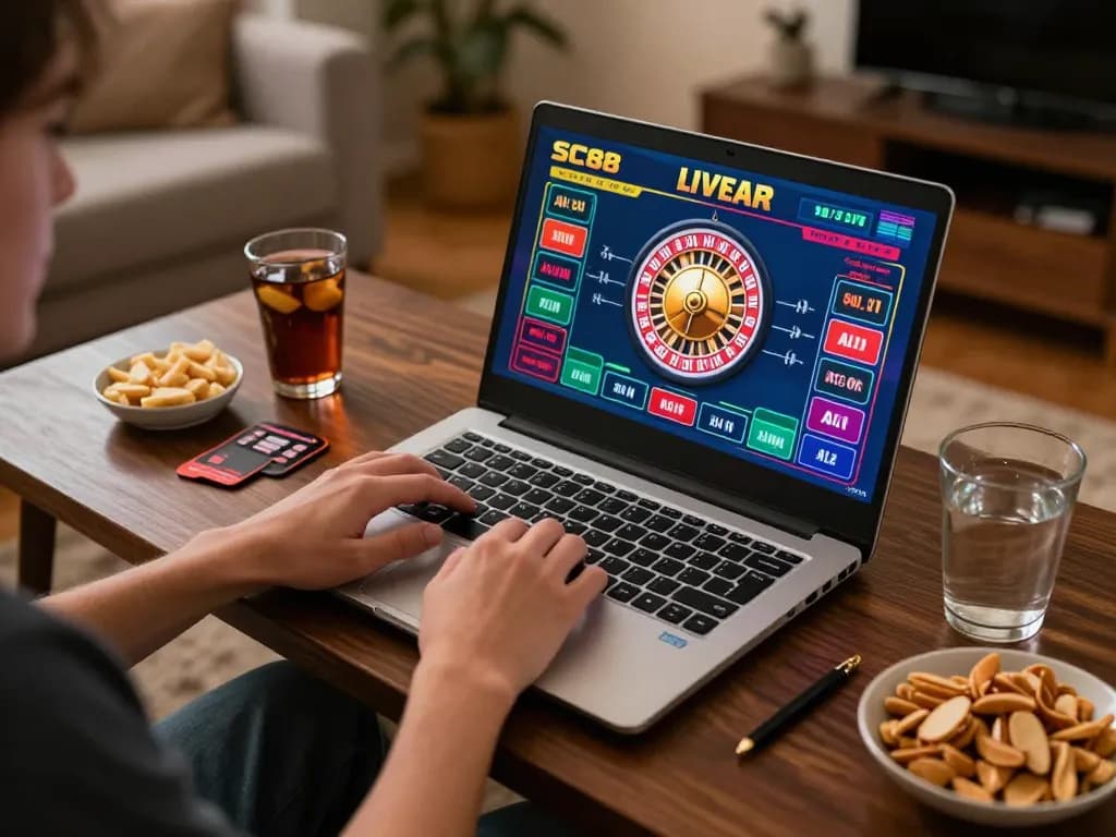 Experience online gaming with SC88, engaging in live dealer roulette from a cozy setup.