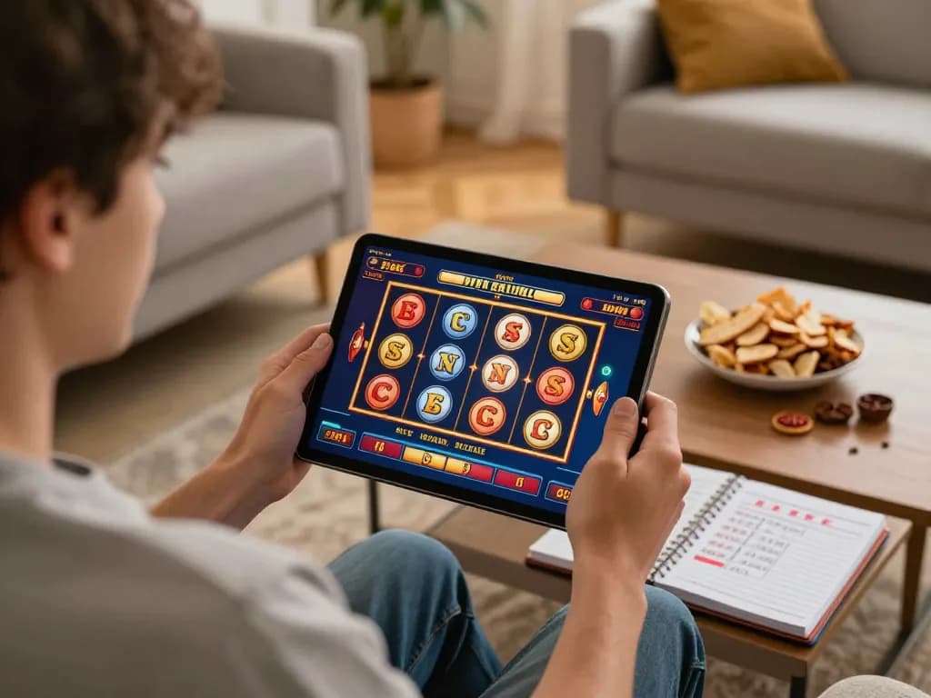 Engaged player enjoying JUN88 slot games on a tablet in a cozy home setting, highlighting strategic online gambling.