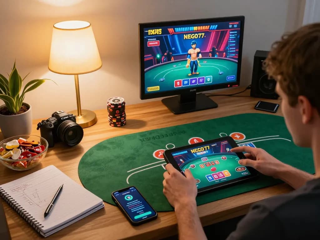 Player enjoying NEGO77 online gaming with poker on tablet, cozy home setting with responsible gaming.