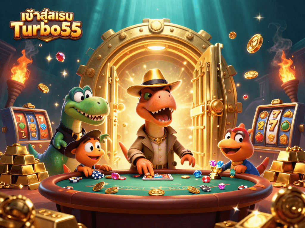 Experience exciting moments with เข้าสู่ระบบ Turbo55 as a dinosaur card counter in a lively casino scene.