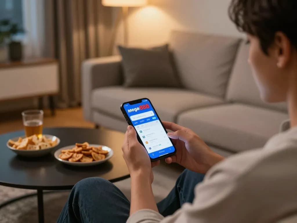 Engaging with the mega888 apk app on a mobile device in a cozy living room setting.