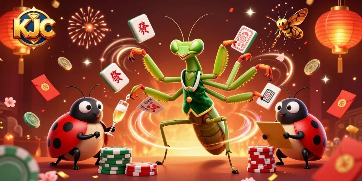 KJC interactive casino scene with a card sharp mantis and ladybug pit boss amid vibrant gaming elements.