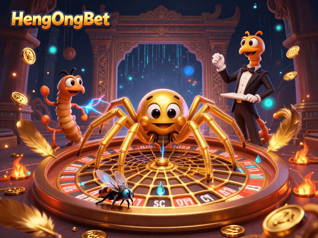 HengOngBet showcases a golden spider and centipede croupier in a dynamic casino scene.
