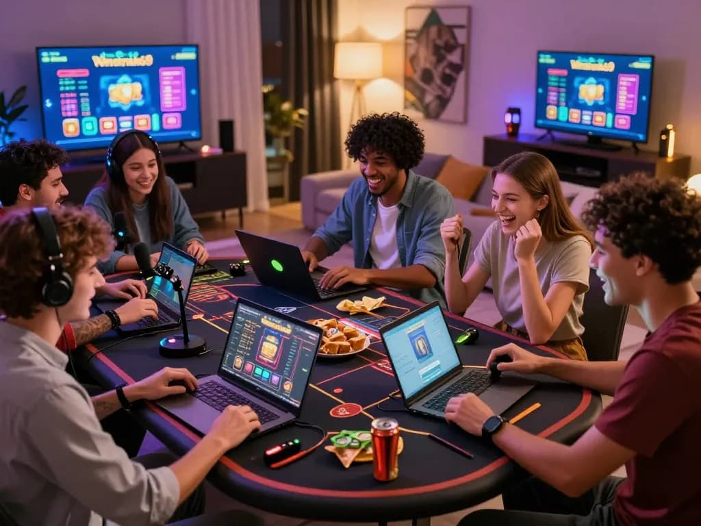 Friends enthusiastically playing on Winstrike69 platform with modern gaming setup.