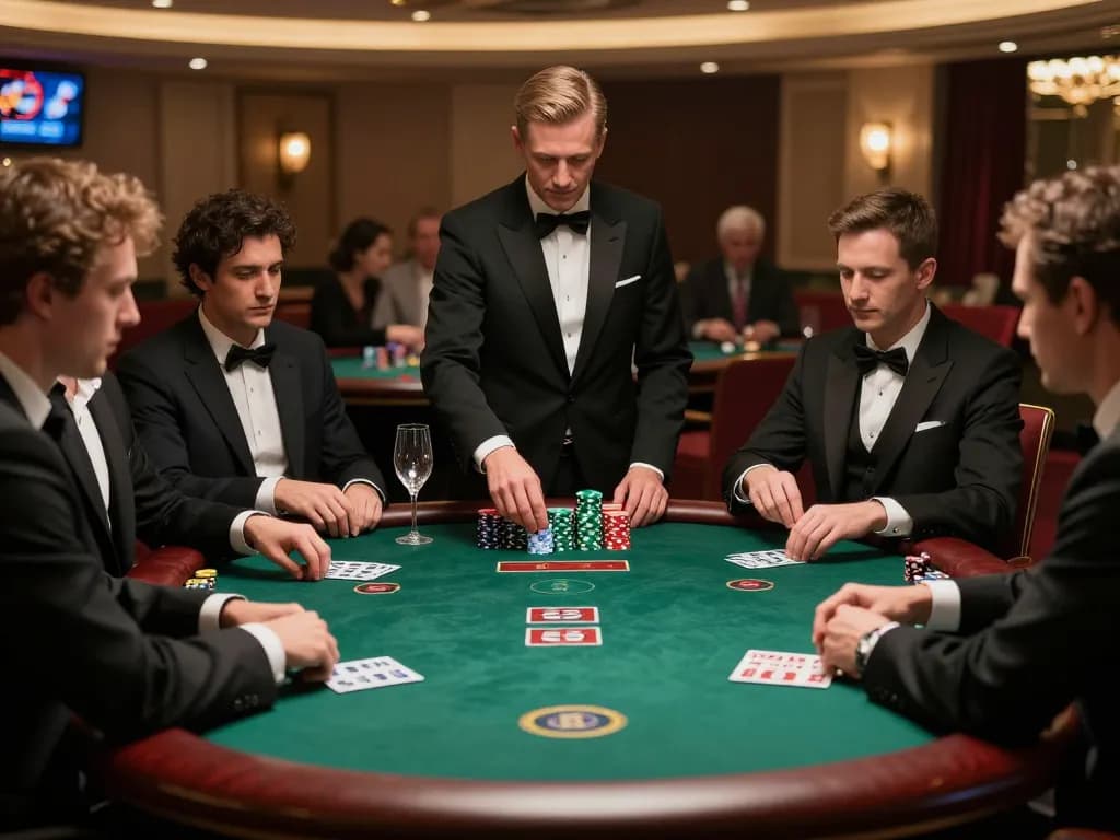 Winstrike69 poker players strategizing with chips at a luxury casino table.