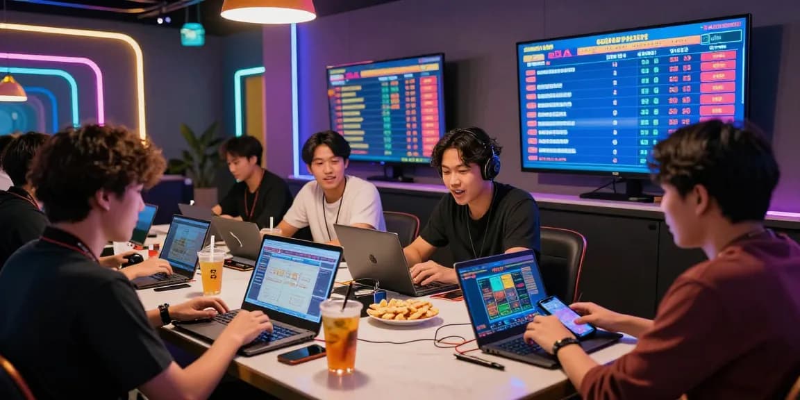 Engaged players enjoying togel online gaming in a modern lounge with vibrant atmosphere.
