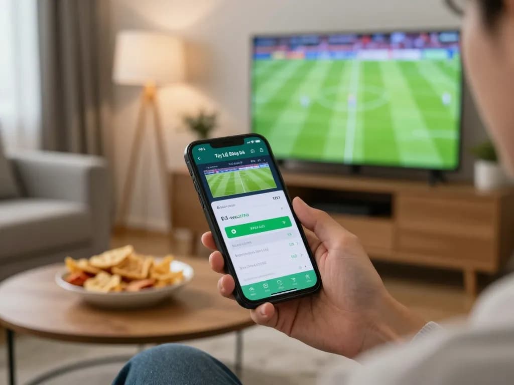 Tỷ Lệ Bóng Đá through a smartphone screen during a live sports betting session.