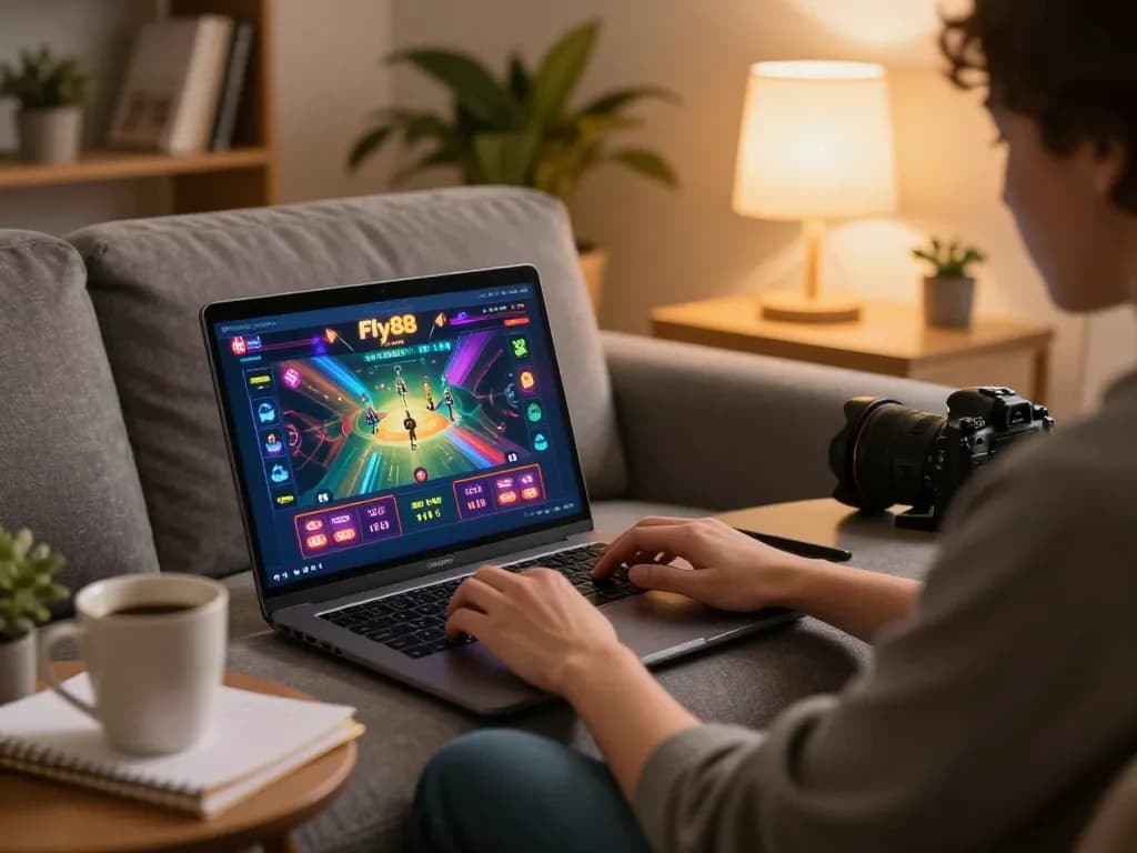 Pfly88 user strategizing for online casino games on a laptop in a cozy home setup