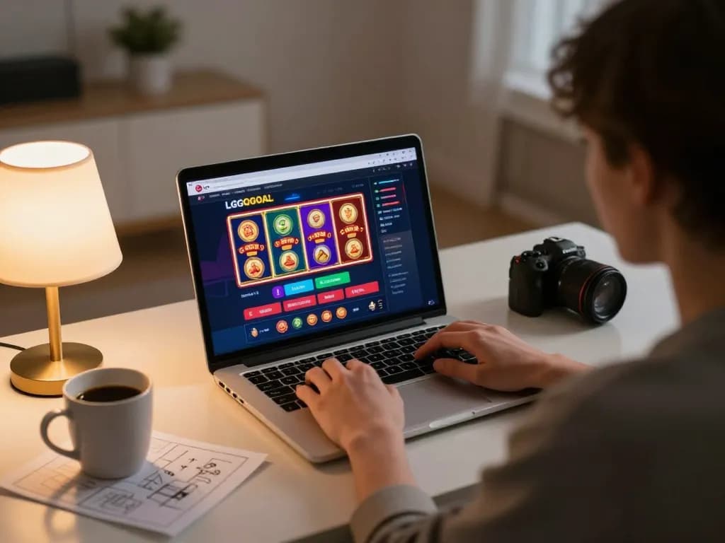 Playing slot games on LGOGOAL platform from a modern home office setup.