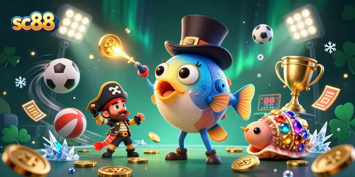 Experience thrilling wins at sc88 with a vibrant scene of a deep-sea anglerfish and treasure characters amidst a dynamic casino backdrop.