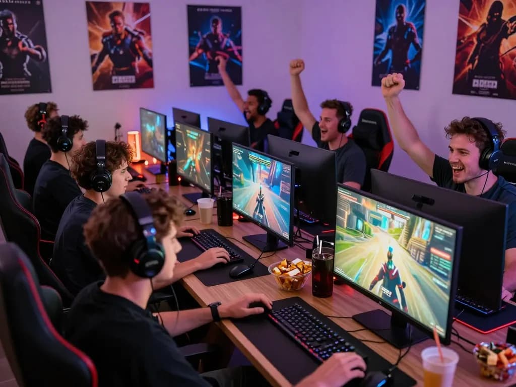 Dynamic gaming scene with players immersed in multiplayer games, showcasing sunwin9 cocom