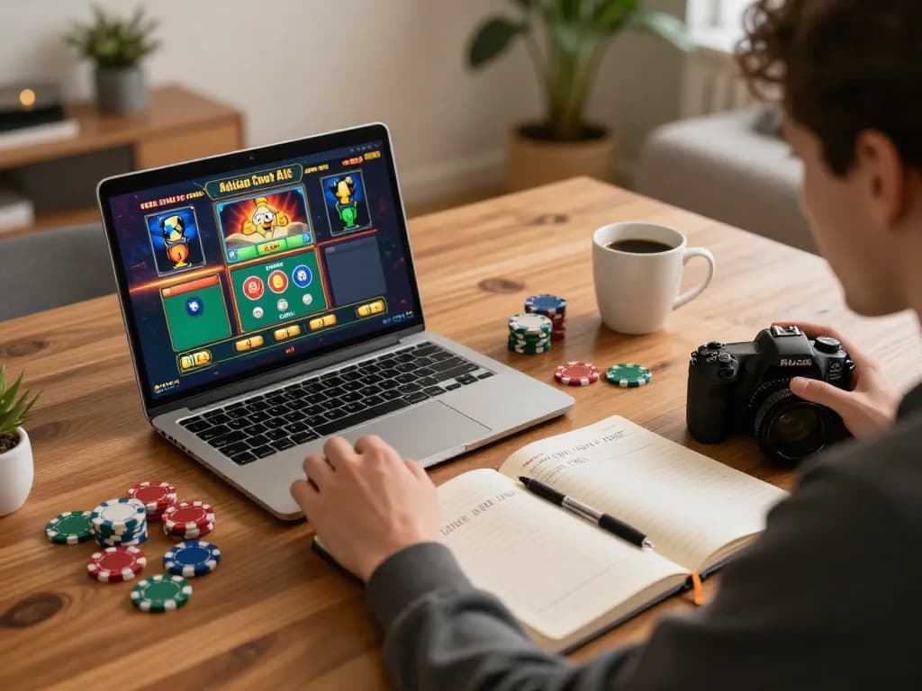 Pemain menikmati slot online di aman788 di rumah, menampilkan suasana bermain yang nyaman dengan catatan strategis.