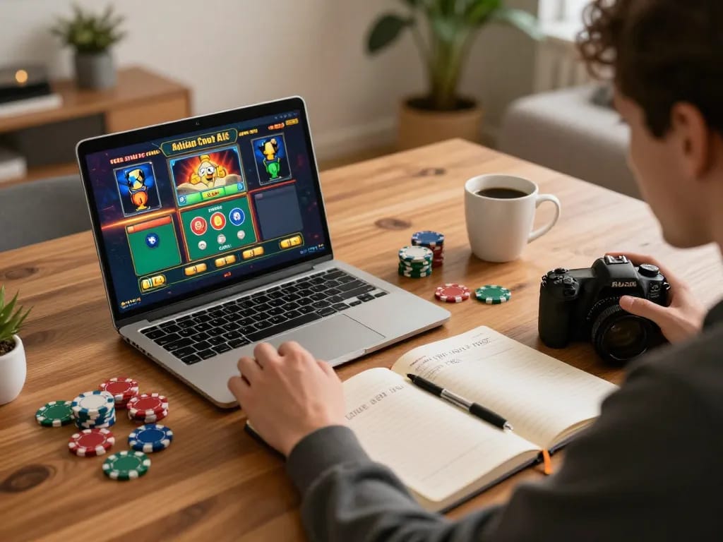 Pemain menikmati slot online di aman788 di rumah, menampilkan suasana bermain yang nyaman dengan catatan strategis.