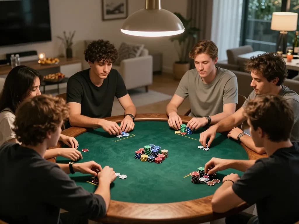 Engaged friends strategizing during a lively poker night while using 7-hd for entertainment.