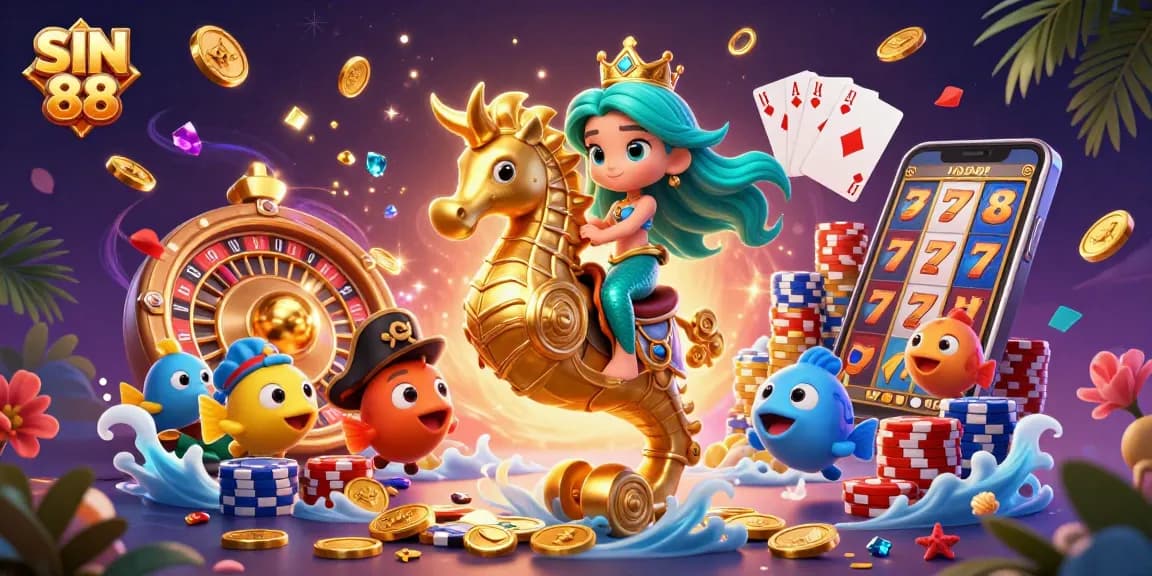 SIN 88 showcases a vibrant casino scene with a mermaid on a seahorse amid swirling coins and exciting game elements.