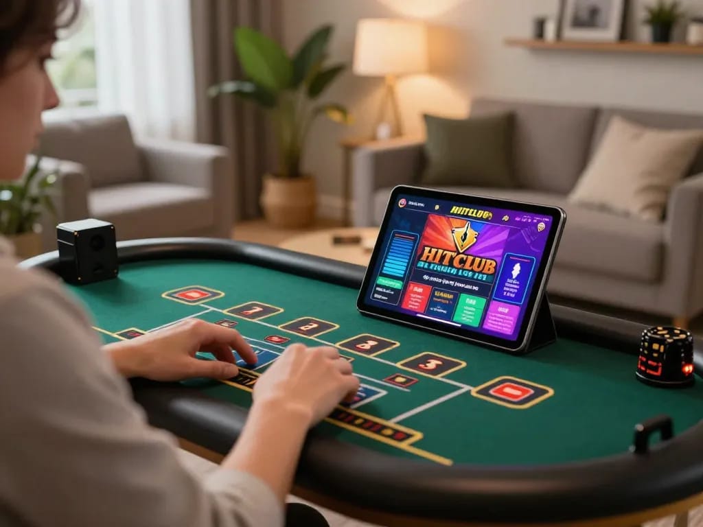 Engaging in a hitclub live dealer game on a tablet in a cozy home ambiance.