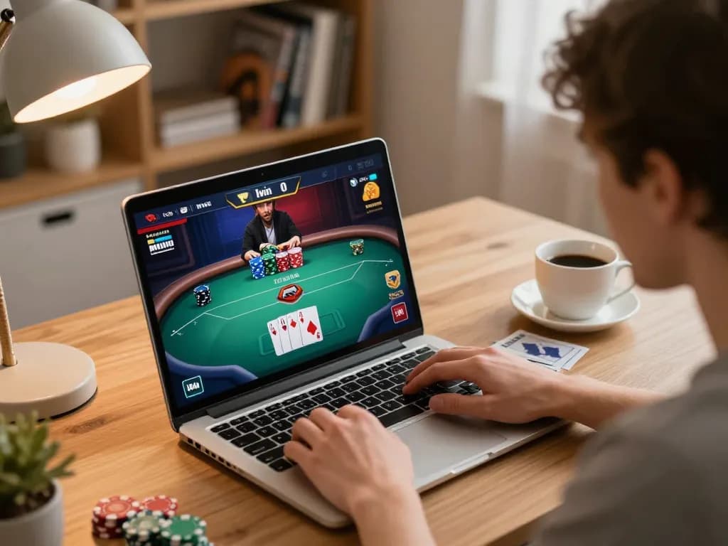 Playing Iwin poker games online in a cozy home office setting