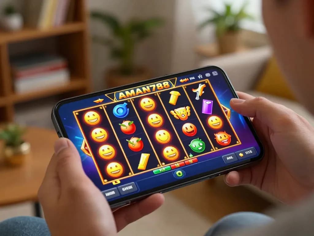 Permainan yang menarik di aplikasi mobile AMAN788 menampilkan gulungan slot berwarna-warni berputar di suasana rumah yang mengundang.