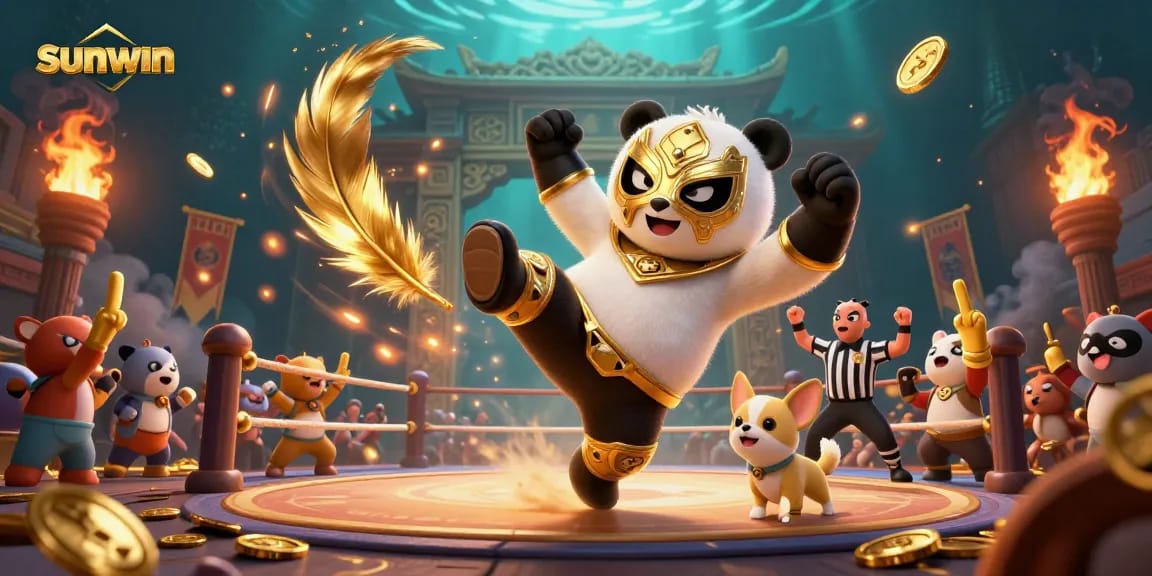Experience thrilling action at sunwin casino as a panda wrestler kicks while fans cheer wildly.