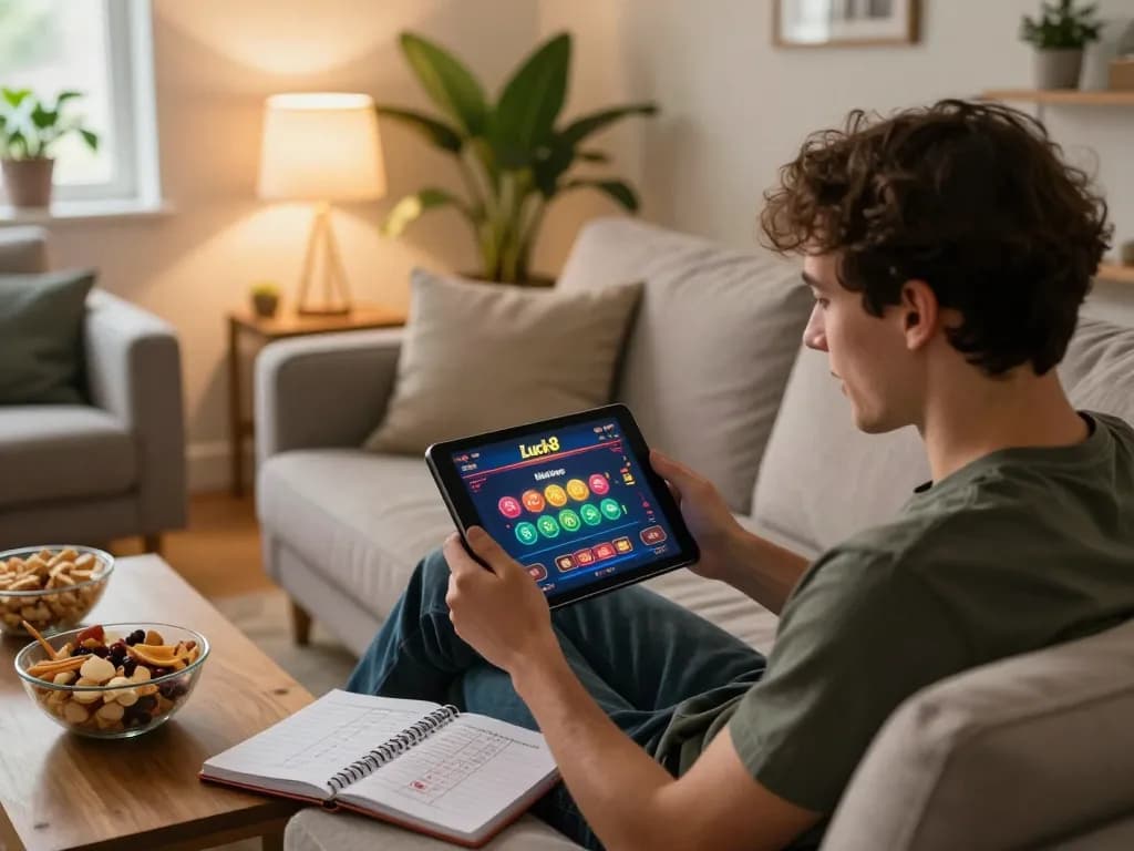Player engages with the Luck8 online casino on a tablet at home, showcasing strategic gaming for better odds.